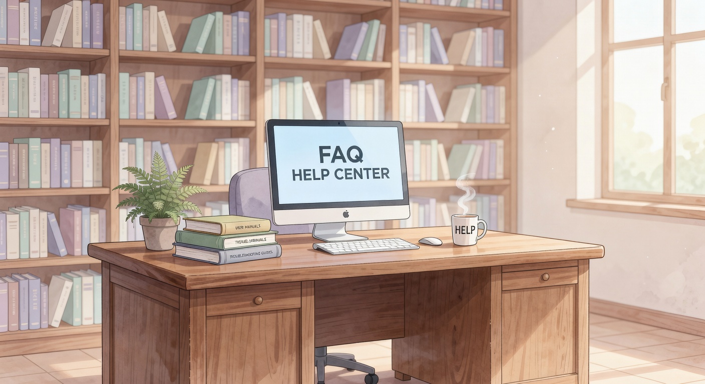 Help center desk illustration for featured article about guide research process