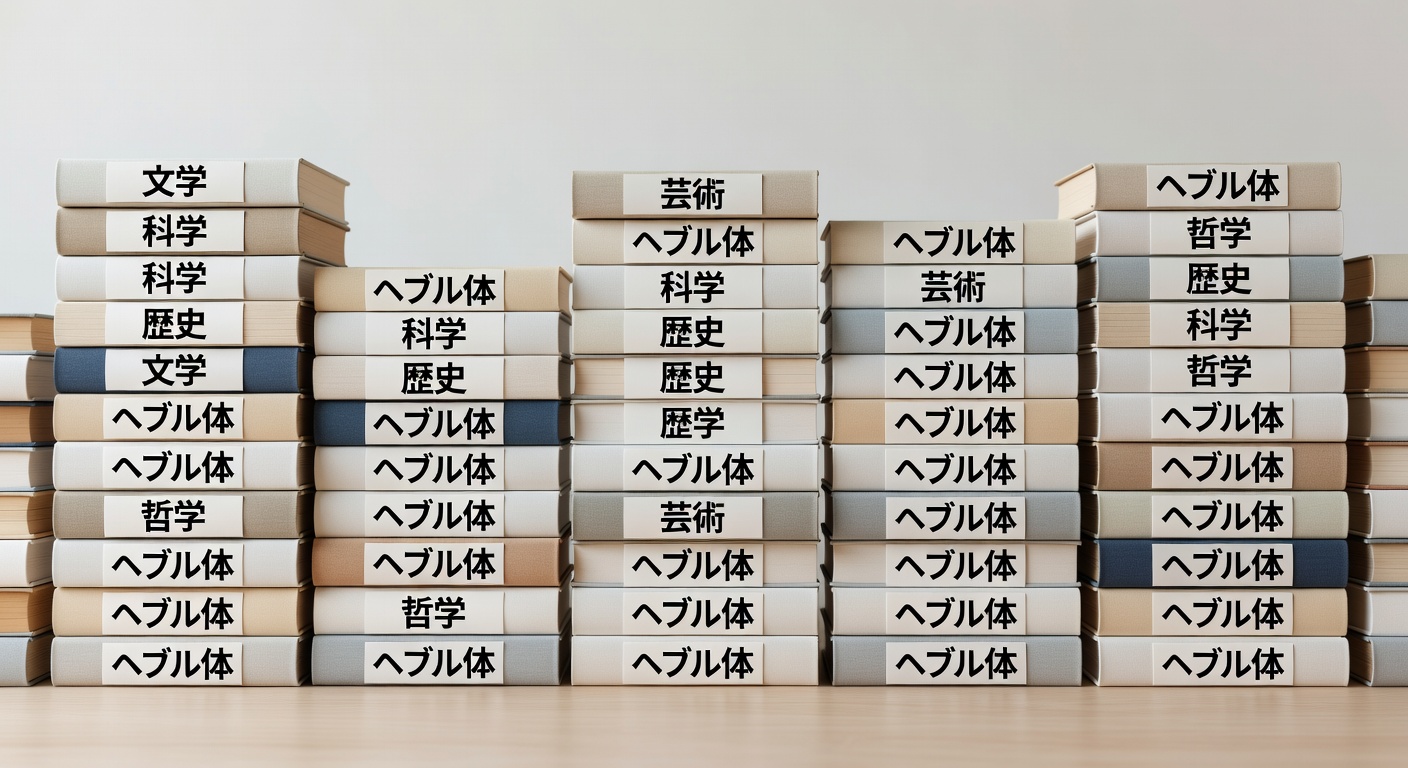 Stacked books organized by category in Japanese library aesthetic